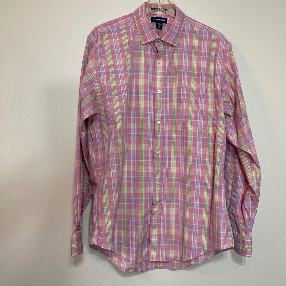 Lands End Men's Tailored Fit No Iron Plaid Long Sleeve Button Down Shirt L Pink‎